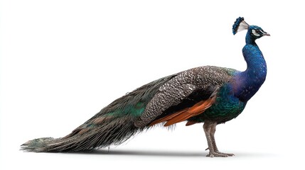 Obraz premium Colorful Peacock Standing Side Profile on White Background