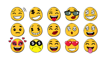 Diverse yellow emoji faces with various expressions happy