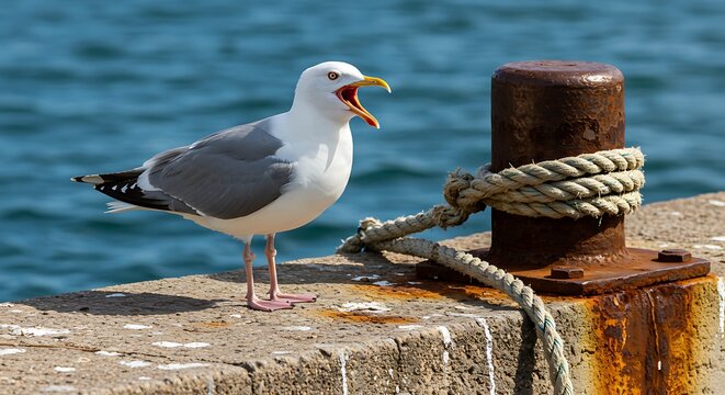Seagull squawking on a pier by the ocean with a rusty bollard.
