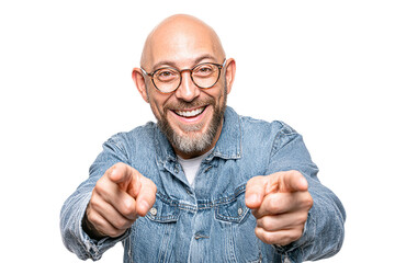 Cheerful man pointing toward camera. Transparency. For social media, presentations, advertising.