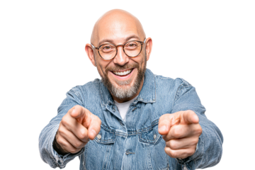 Cheerful man pointing toward camera. Transparency. For social media, presentations, advertising.
