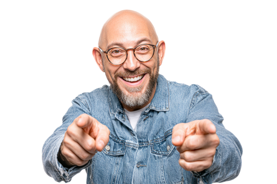 Cheerful man pointing toward camera. Transparency. For social media, presentations, advertising. - Powered by Adobe