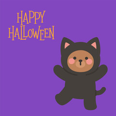 Halloween Bear in Cute Black Cat Costume with Happy Halloween Text on Purple Background