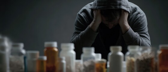 Person with head in hands surrounded by pill bottles experiencing stress and medication overdose concerns