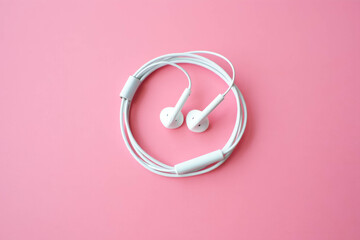 Minimalist composition with white wired earphones neatly coiled on a pastel pink background. Clean, modern design emphasizing technology, music, and lifestyle simplicity