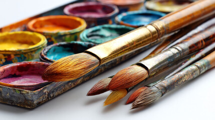 Obraz premium Creative set of watercolor paint in an artist palette with colorful paintbrush. This art supply inspires creativity and joy for any painting hobby or art class project