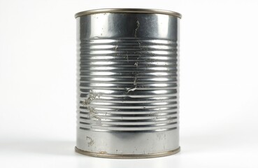 Dented tin can with ribbed structure. Metallic silver aluminum object, blank for preserving food or recycling. Cylinder container, shiny steel surface, minor imperfections visible.