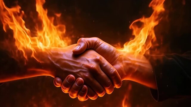 Business handshake engulfed in flames on dark background