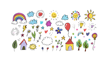 Fototapeta premium Whimsical doodle collection with suns rainbows and houses colorful