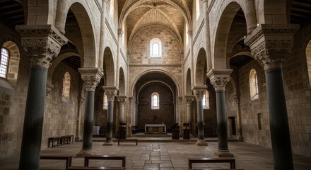 Fototapeta premium Interior of the Mar Saba Monastery with imposing columns and arches