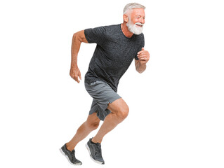 Gray man sprints with smile. Isolated runner for fitness campaigns, health posters, senior active lifestyle brands.