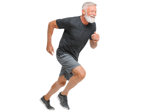 Gray man sprints with smile. Isolated runner for fitness campaigns, health posters, senior active lifestyle brands.
