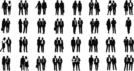 Black silhouette vector set of business professionals in pairs, standing, talking, and holding briefcases, representing teamwork, partnership, and corporate communication concepts