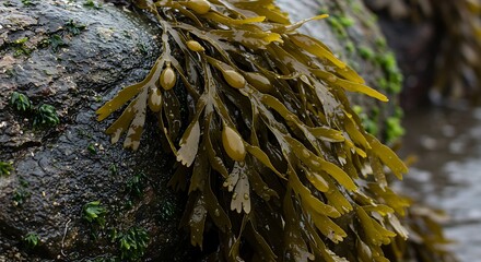 Seaweed clinging to a coastal rock.