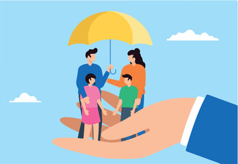 Happy family under umbrella of love with big supporting hand in flat design