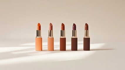 Lipsticks warm shade in a row on a white background with shadows. Cosmetic product display