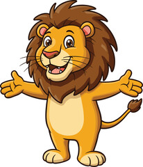 Cute cartoon lion character with open arms, friendly jungle animal mascot, happy smiling expression, isolated on white background illustration