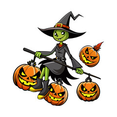 Spooky Halloween Witch Flying on Broomstick Above Glowing Pumpkins with Magical Night Sky, Perfect Vector Illustration for Holiday Decor