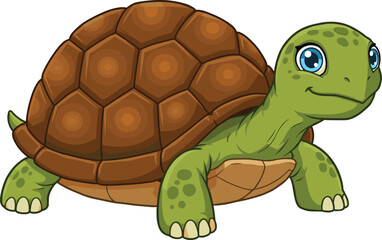 Cute cartoon turtle character with green body and brown shell, smiling reptile animal, isolated vector illustration on white background