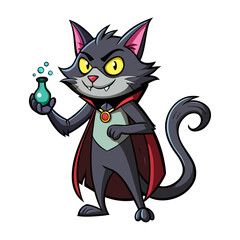 Mysterious vampire cat vector illustration holding tiny glowing magical vial, perfect for Halloween, gothic art, fantasy decor, spooky merchandise