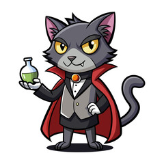 Mysterious vampire cat vector illustration holding tiny glowing magical vial, perfect for Halloween, gothic art, fantasy decor, spooky merchandise