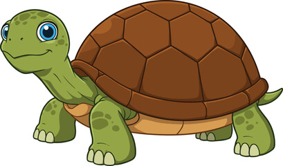 Cute cartoon turtle character with green body and brown shell, smiling reptile animal, isolated vector illustration on white background