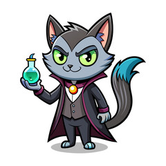 Mysterious vampire cat vector illustration holding tiny glowing magical vial, perfect for Halloween, gothic art, fantasy decor, spooky merchandise