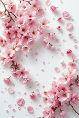 Delicate pink cherry blossoms scattered elegantly on a soft white background, conveying beauty and tranquility.