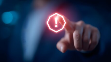 Businessman finger touching glowing warning attention digital alert icon, cybersecurity risk, data protection and security technology concept
