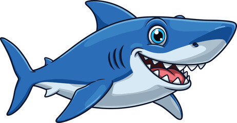 Smiling cartoon blue shark, underwater sea predator, vector illustration, isolated on white background, children education marine life design, cute character