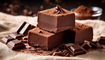 rich chocolate fudge stacked on a soft linen surface with dark cocoa dusting and chocolate shavings for a decadent dessert presentation