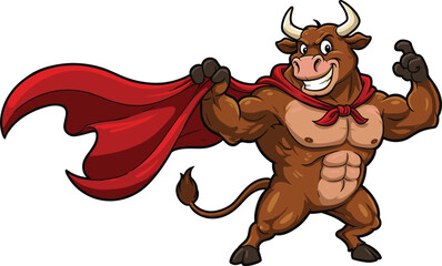 Strong cartoon bull superhero flexing muscles, wearing red cape, powerful animal mascot illustration, muscular bull character, funny farm animal hero