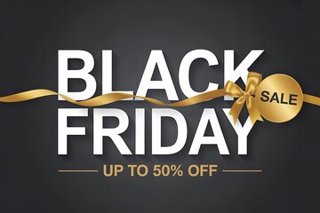 Obraz premium Black friday sale promotion with golden ribbon and up to 50 off discount offer