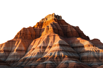 Layered sandstone rock formation with orange sunset lighting, isolated on a transparent background