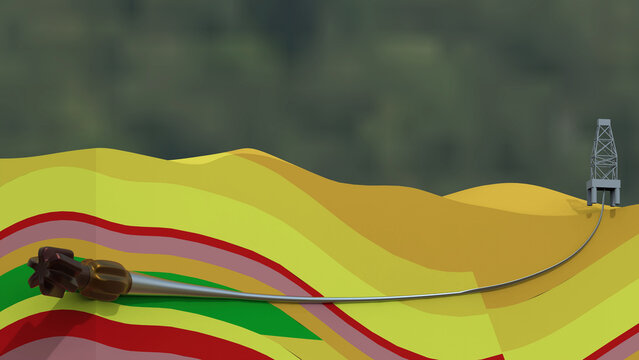 Horizontal directional drilling 3D illustration showing PDC drilling bit with drill string penetrate rock formation. Cross section view