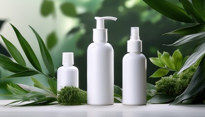 a clean and modern display of skincare ingredients featuring sebacic acid in white bottles surrounded by lush greenery
