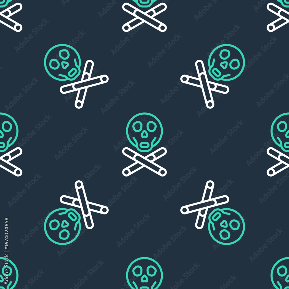 Poster line bones and skull as a sign of toxicity warning icon isolated seamless pattern on black backgroun
