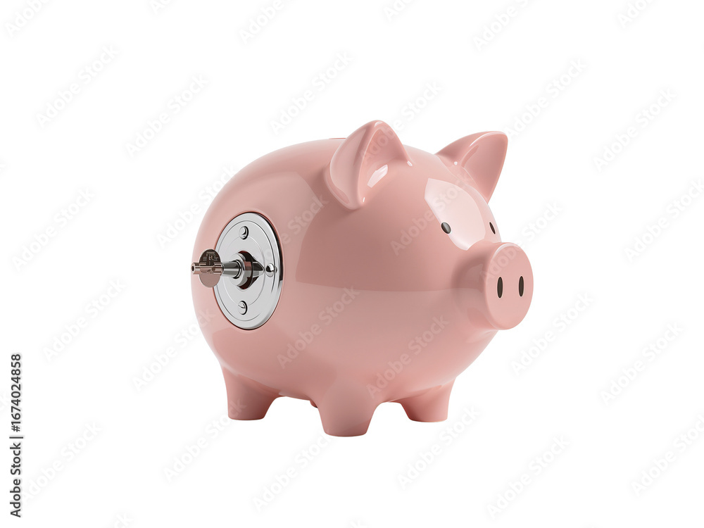 Poster conceptual rendering showcasing a pink piggy bank securely locked with a silver key