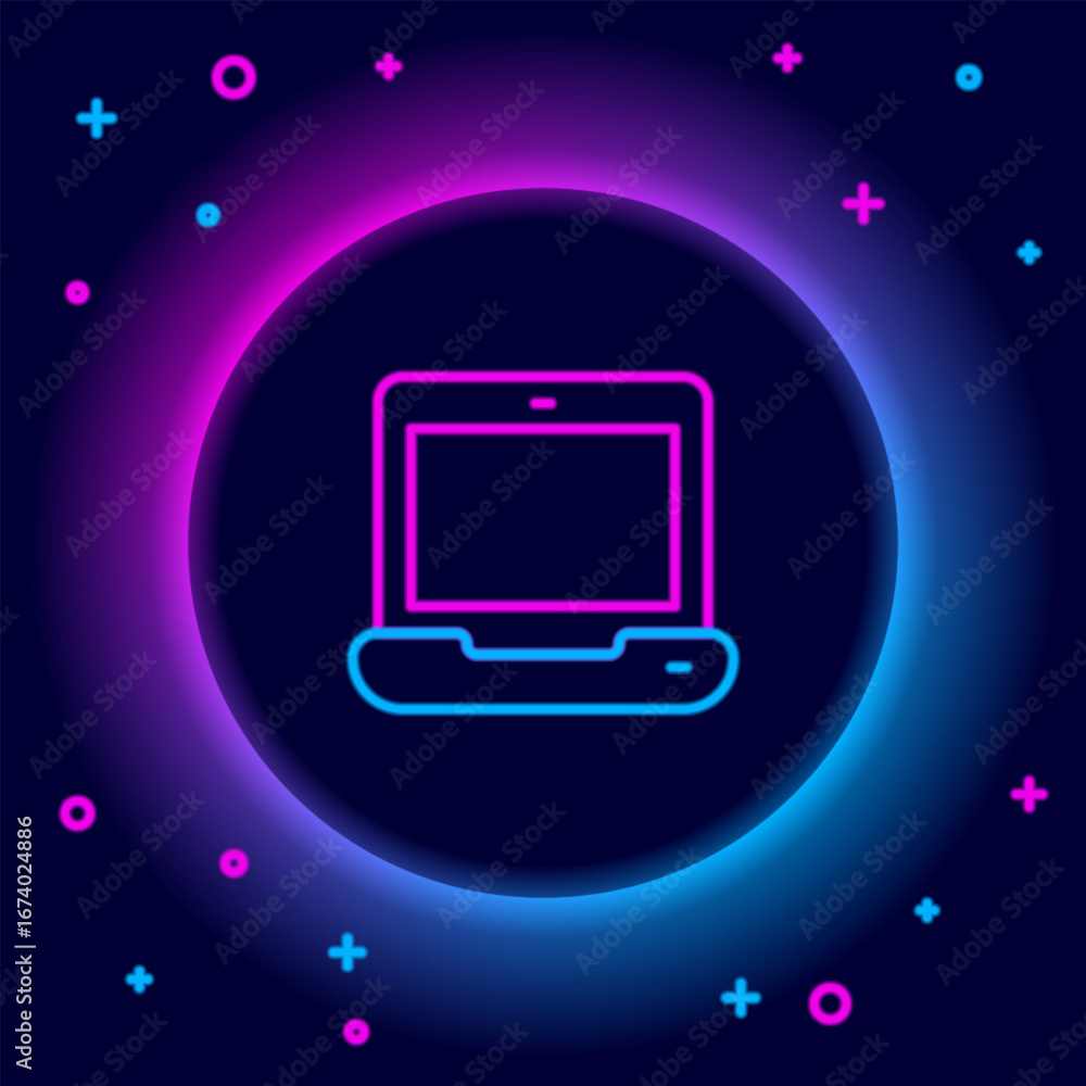 Poster glowing neon line laptop icon isolated on black background. computer notebook with empty screen sign