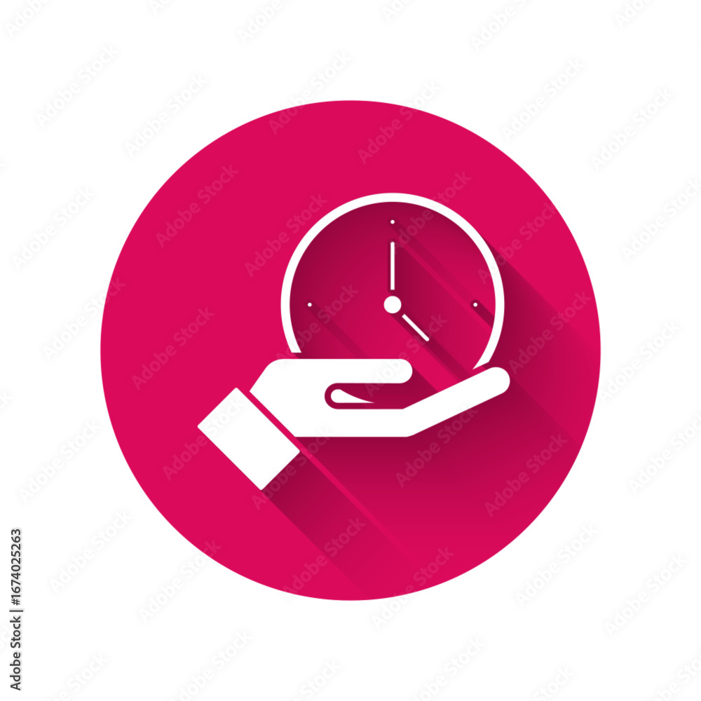Poster white clock icon isolated with long shadow. time symbol. pink hexagon button. vector