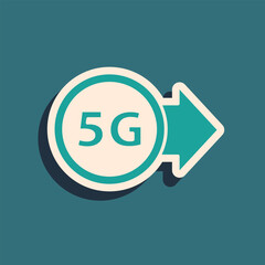 Green 5G new wireless internet wifi connection icon isolated on green background. Global network high speed connection data rate technology. Long shadow style. Vector