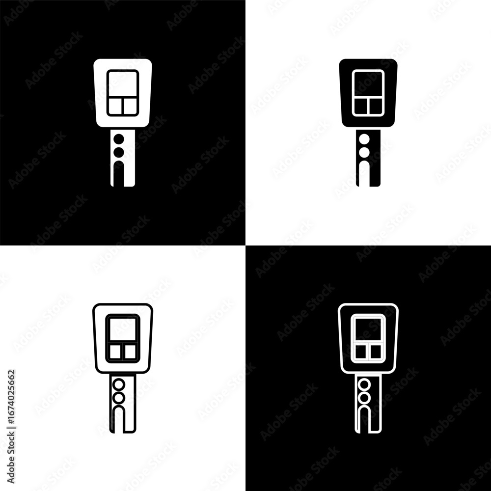 Poster set car key with remote icon isolated on black and white background. car key and alarm system. vecto