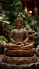 Fototapeta premium Serene Buddha Statue: A beautifully sculpted Buddha statue, radiating tranquility and wisdom, sits peacefully amidst a lush, green environment, symbolizing inner peace and enlightenment.