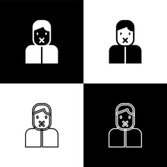 Set Censor and freedom of speech concept icon isolated on black and white background. Media prisoner and human rights concept. Tied mouth. Vector