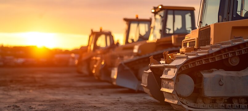 Heavy construction equipment machinery at sunset for industrial and engineering projects use case design
