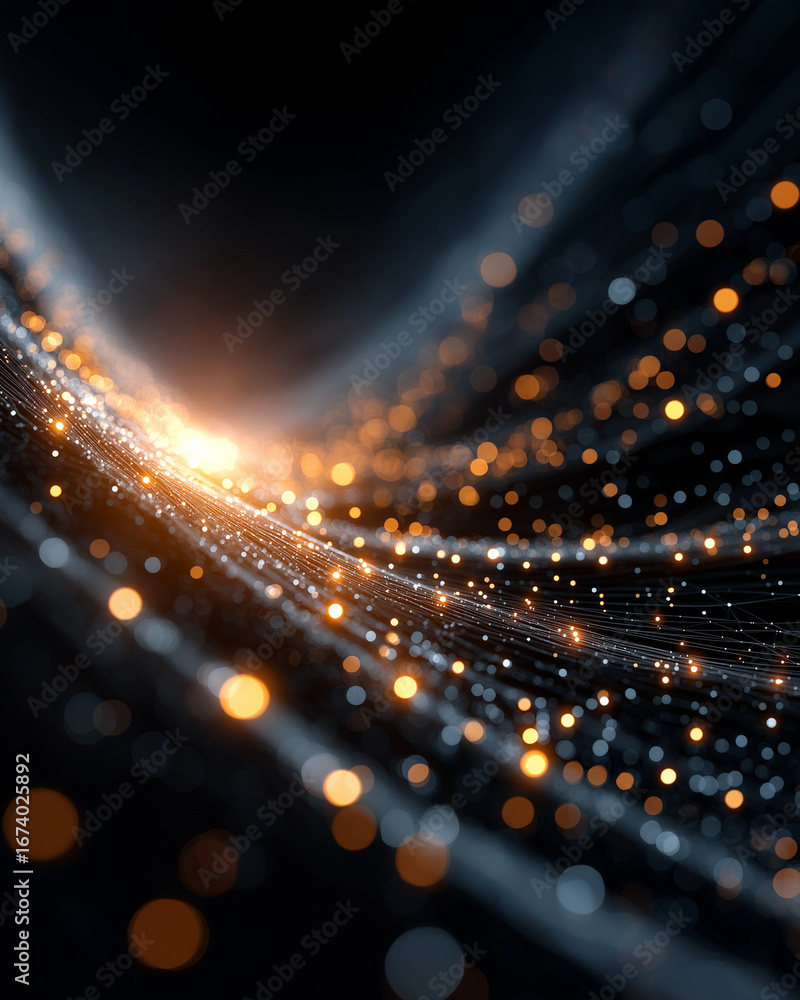 Poster sparkling lights abstract: dynamic abstract of shimmering golden lights and streaks of data streams,