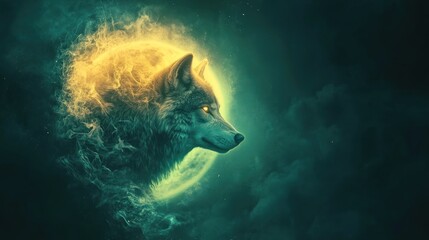 Fototapeta premium Mystical wolf profile, glowing golden moon