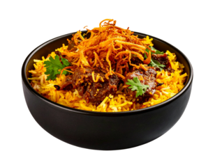  Gourmet Mutton Biryani in Black Bowl with Fried Onions, Three-Quarter View, Isolated
