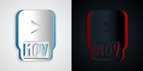 Paper cut MOV file document. Download mov button icon isolated on grey and black background. MOV file symbol. Audio and video collection. Paper art style. Vector