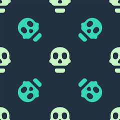 Green and beige Skull icon isolated seamless pattern on blue background. Happy Halloween party. Vector